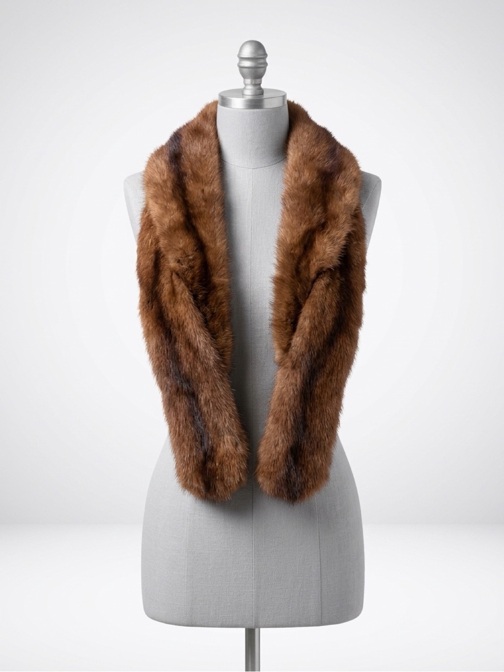 Vintage Real Mink Scarf Collar, silk lined, clips on, brown, 44x4, EUC
